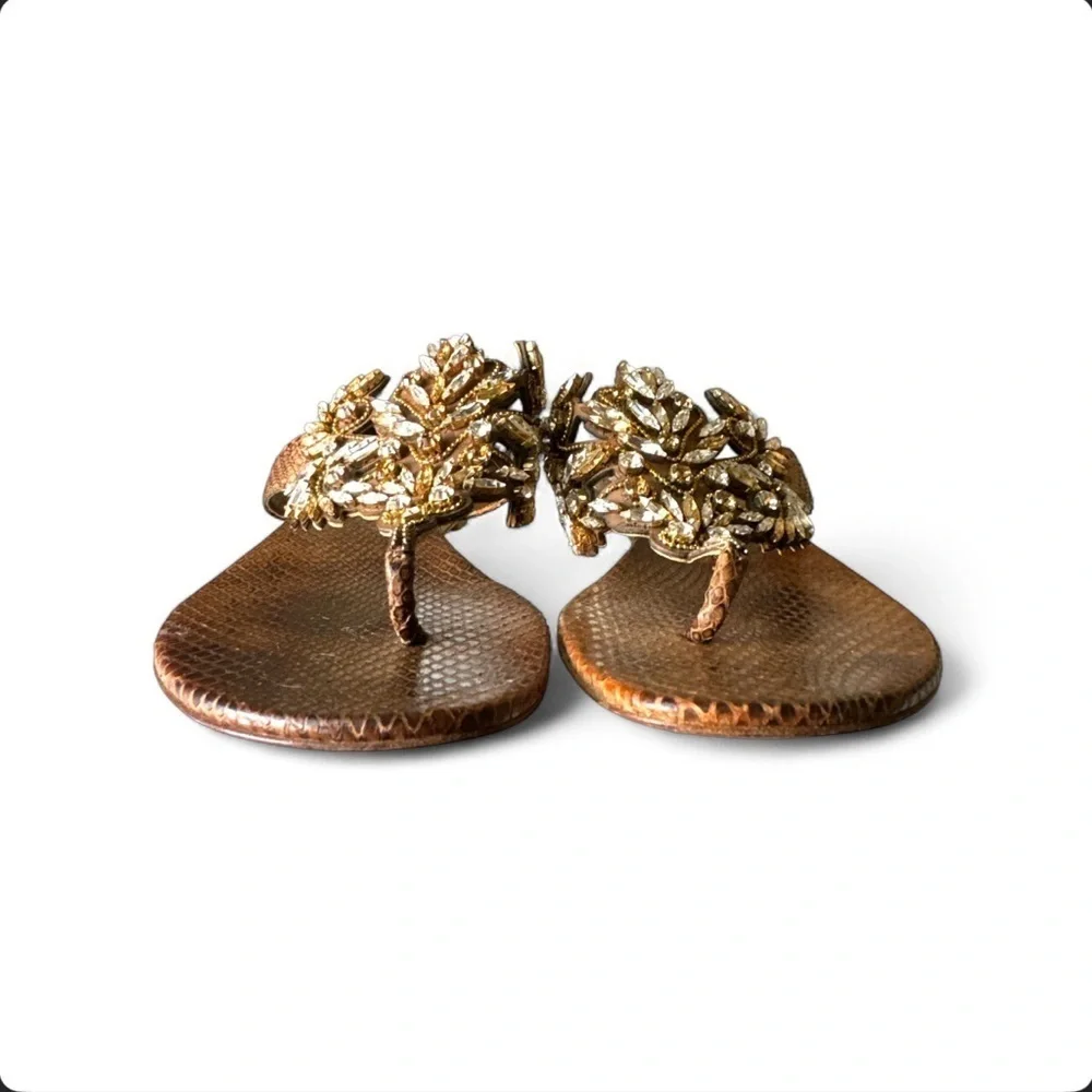 Rene Caovilla Crystal Leaf Sandals Metallic Gold Wedge Thong IT 38.5 US 8.5